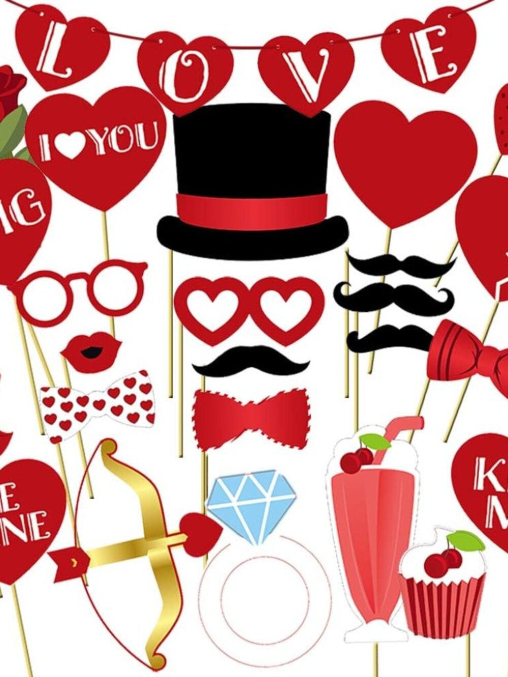 Valentines Day Photo Booth Props 35 PCS, DIY Funny Disguise Props Valentines Day